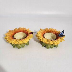 Sunflower Shaped Ceramic Candle Holders With Ladybug Butterfly Accents Partylite